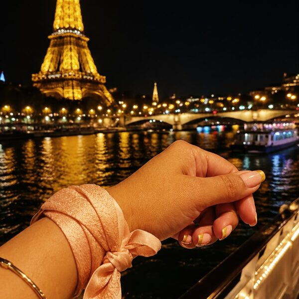 Carré en soie rose poudré Tohora noué en bracelet au poignet devant la Tour Eiffel de nuit à Paris