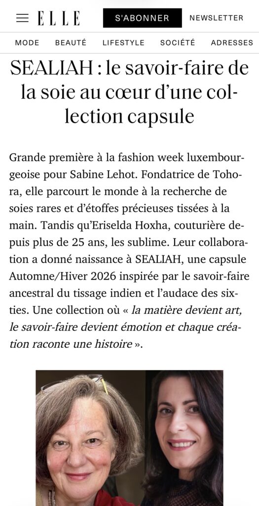 Article ELLE Luxembourg : Sabine Lehot de Tohora Luxembourg et Eriselda Hoxha pour la collection SEALIAH.